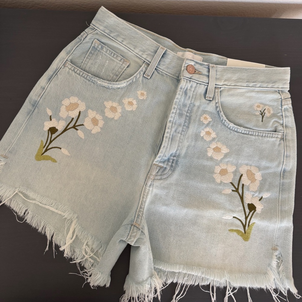 7 for all mankind Floral Embroidered Denim Shorts